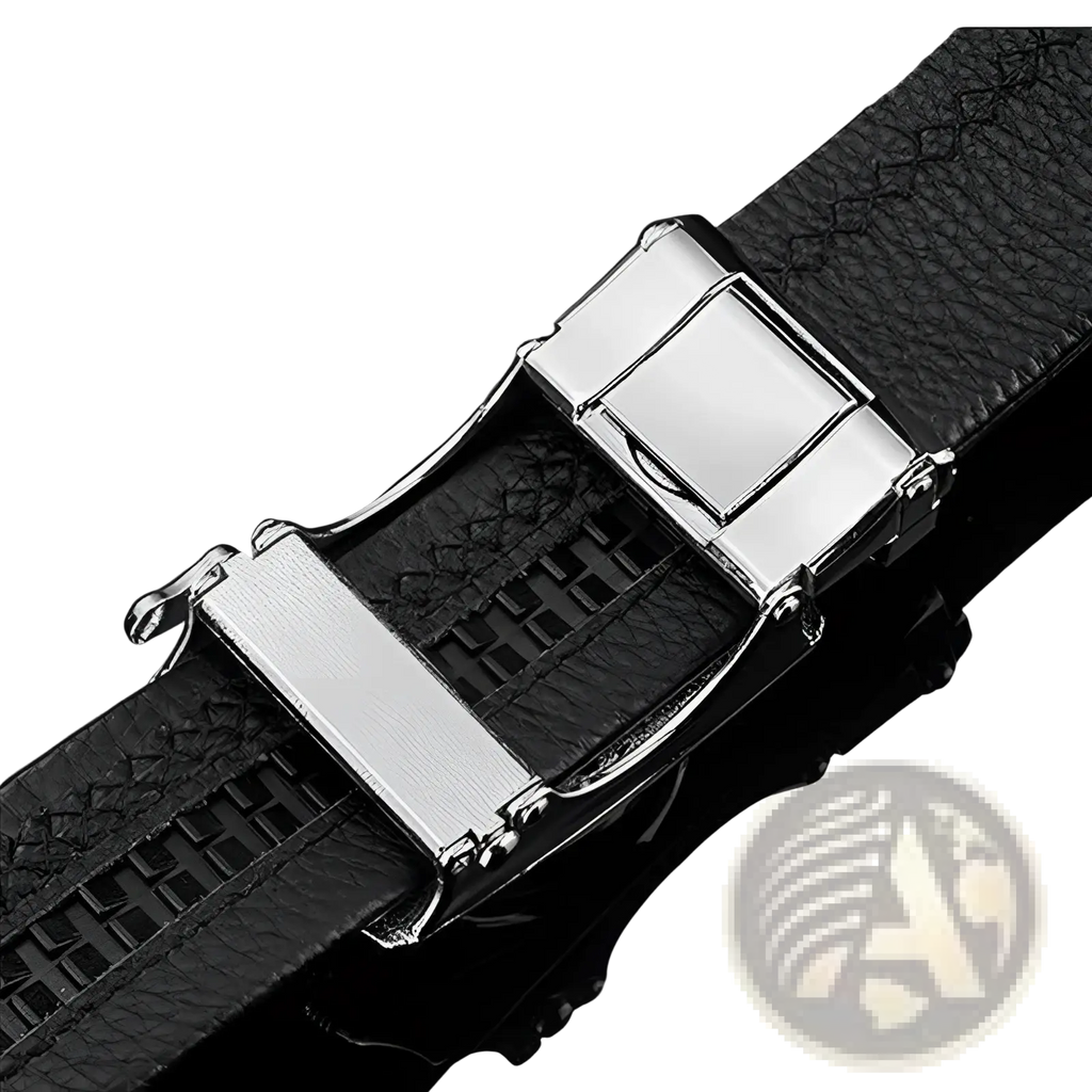 Men leather belt with black textured pu waistband and sleek silver-toned automatic buckle for formal wear