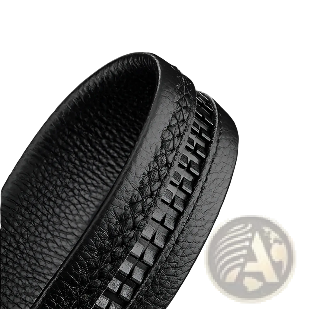 Men leather belt automatic buckle black pu waistband with textured surface and stitched zipper detail along the edge
