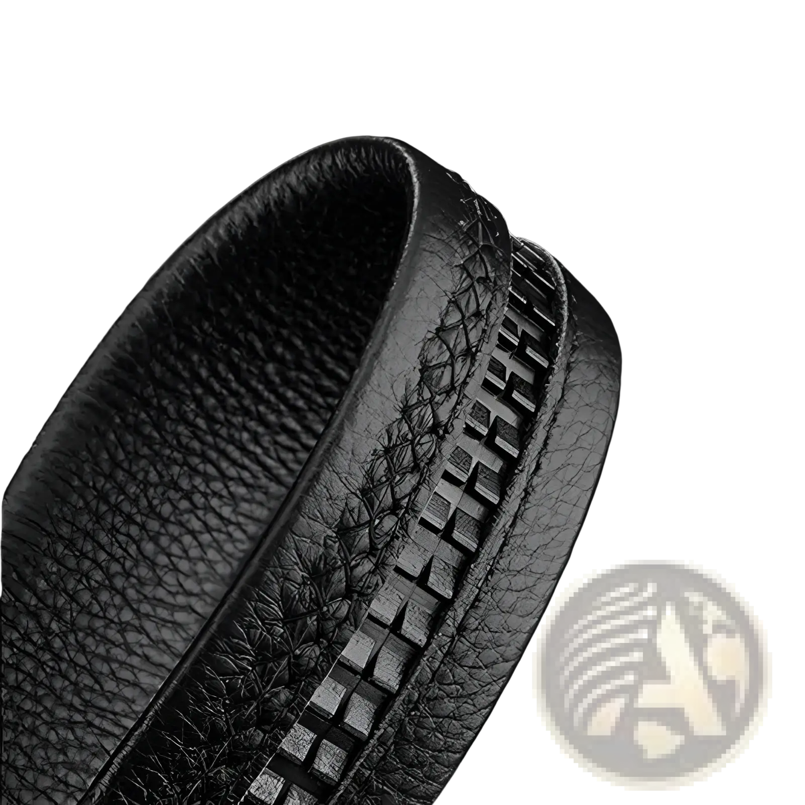 Men leather belt automatic buckle black pu waistband with textured surface and stitched zipper detail along the edge