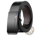 Men leather belt with black leather strap and matte-finish automatic buckle with red white and blue striped logo
