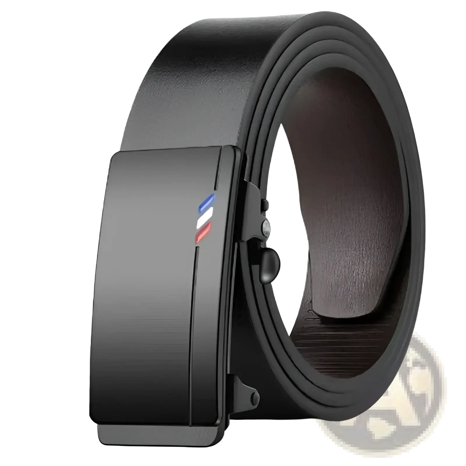 Men leather belt with black leather strap and matte-finish automatic buckle with red white and blue striped logo
