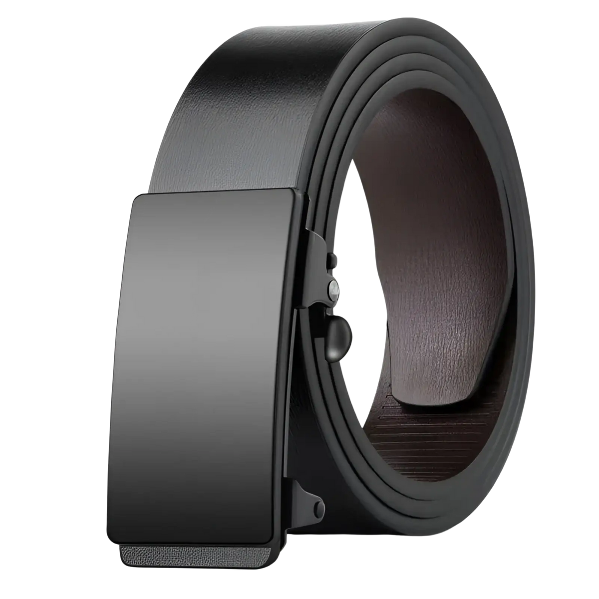 Men leather belt with a black leather strap and matte black automatic buckle for casual use