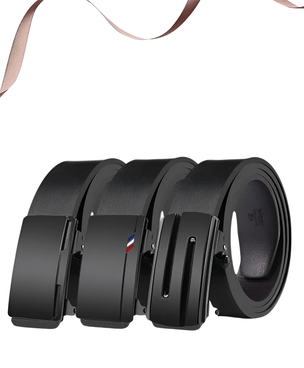 Men leather belt with black leather strap and automatic matte-finish buckle featuring red and blue logo detail