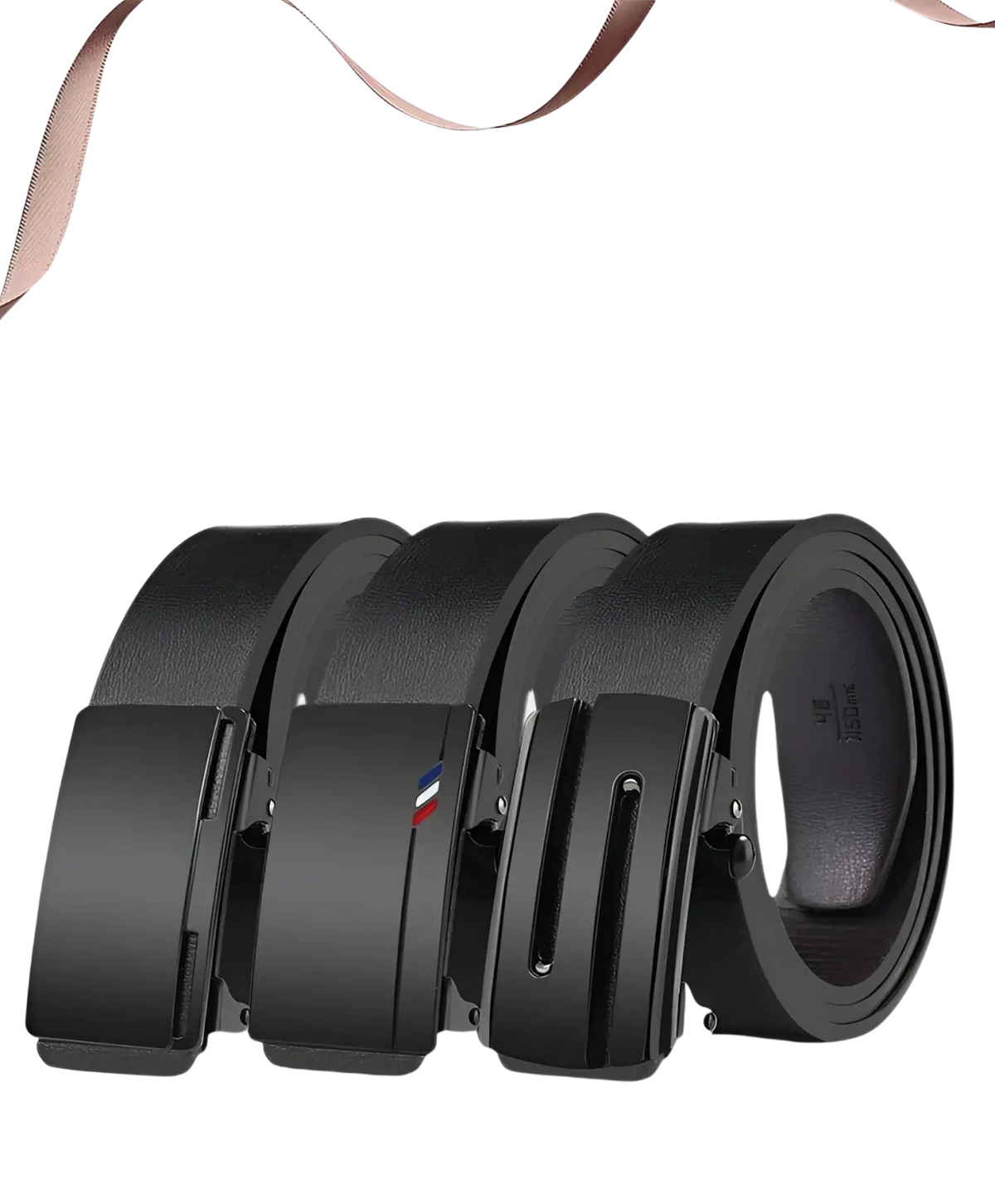 Men leather belt with black leather strap and automatic matte-finish buckle featuring red and blue logo detail
