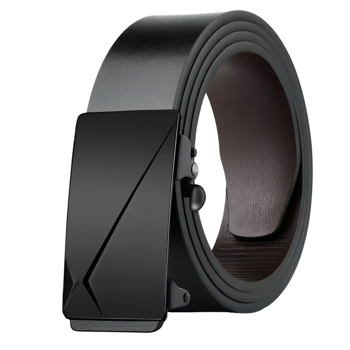 Black leather men leather belt with sleek matte-finish angular geometric automatic buckle for casual wear