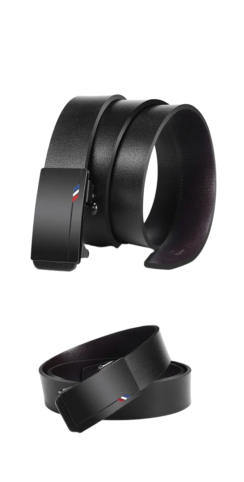 Black leather men leather belt with automatic buckle and sleek rectangular buckle featuring french flag emblem