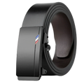 Men leather belt with black leather strap and matte-finish automatic buckle with red white and blue striped logo