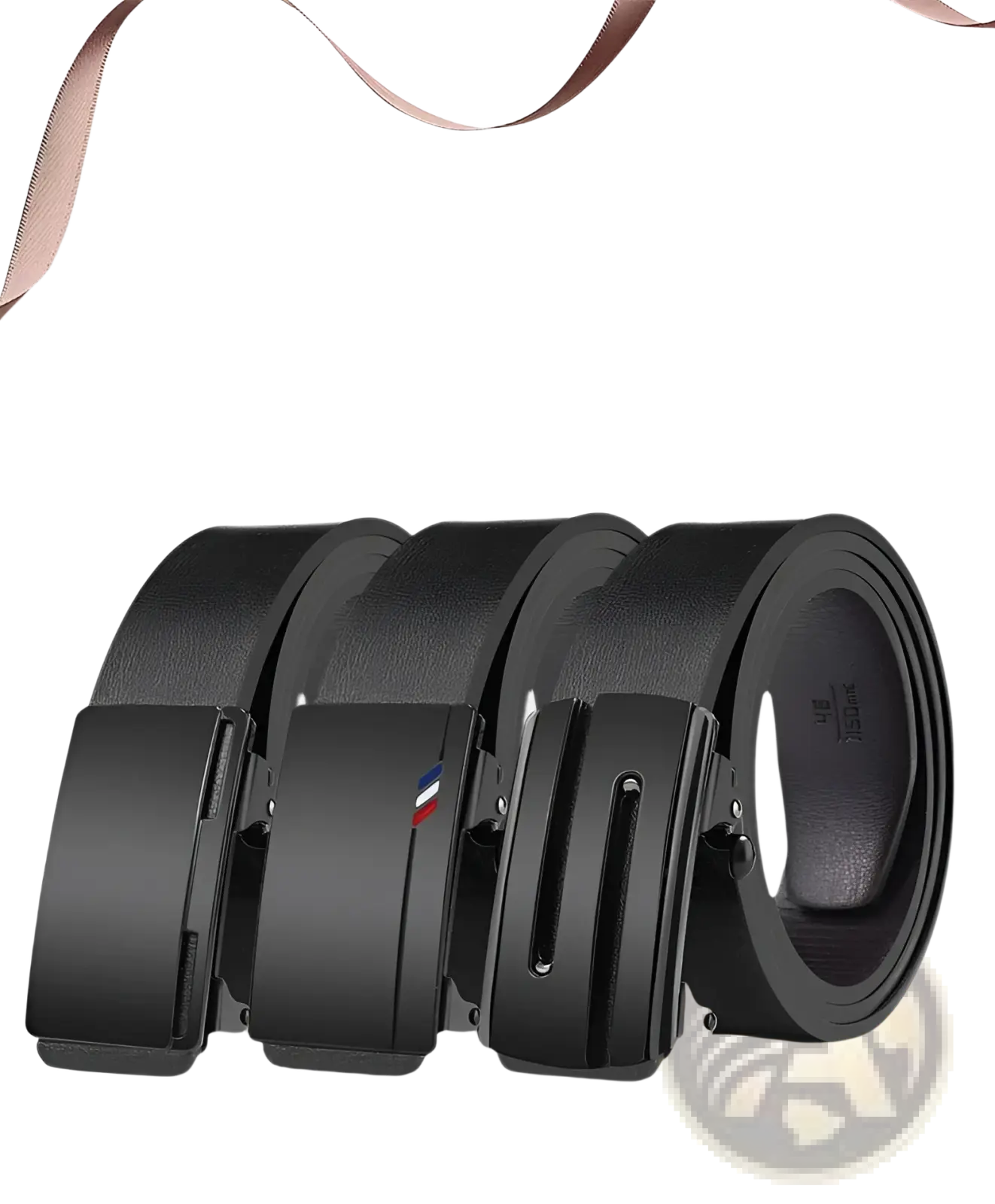 Men leather belt with black leather strap and automatic matte-finish buckle featuring red and blue logo detail