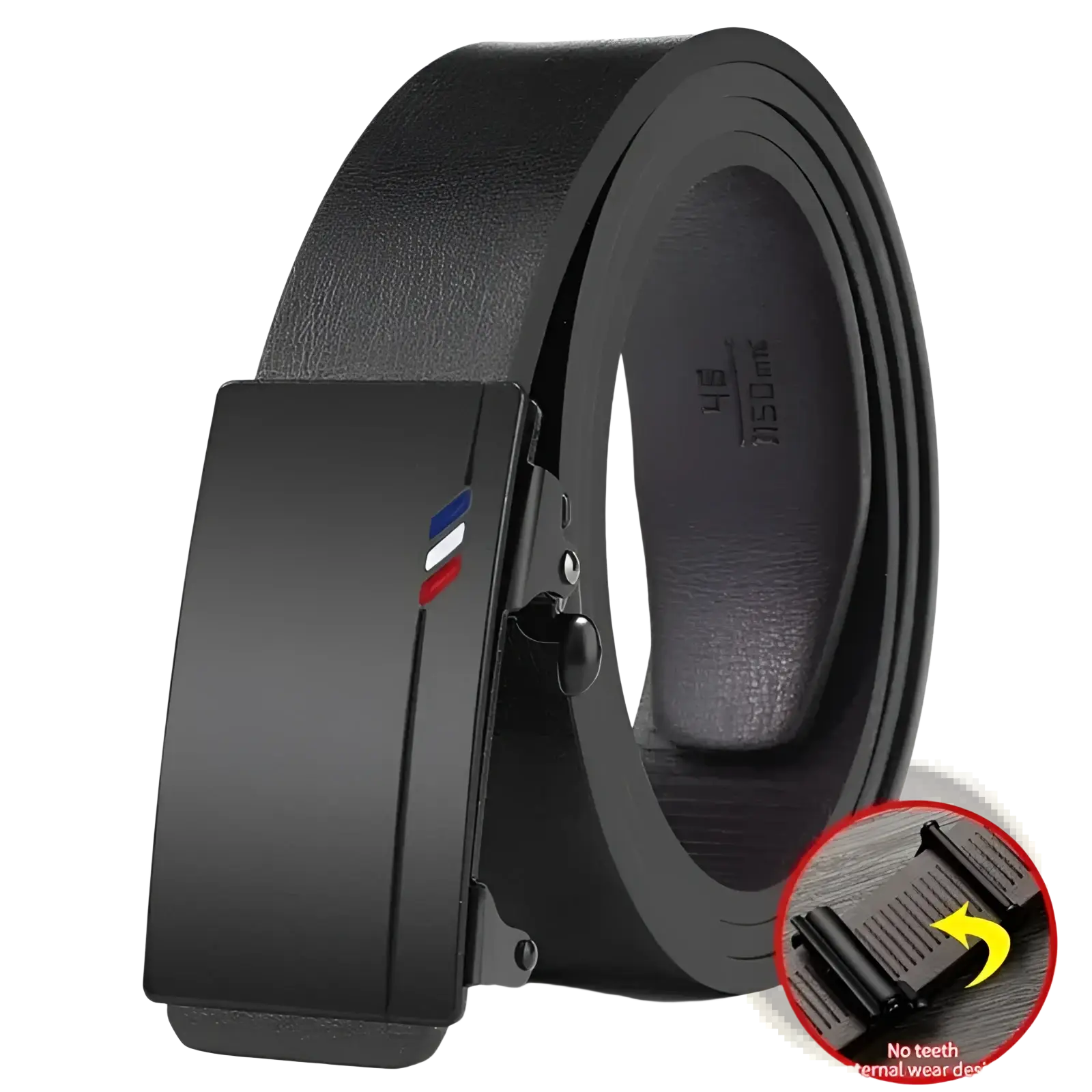 Men leather belt with black strap and automatic matte finish buckle featuring subtle tricolor stripe detail