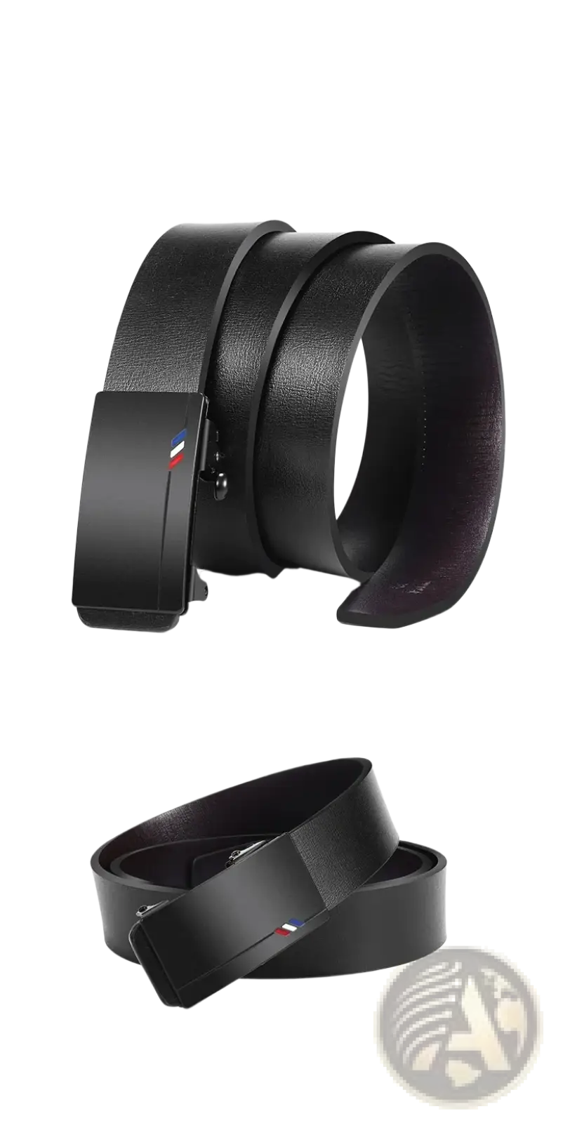 Black leather men leather belt with automatic buckle and sleek rectangular buckle featuring french flag emblem