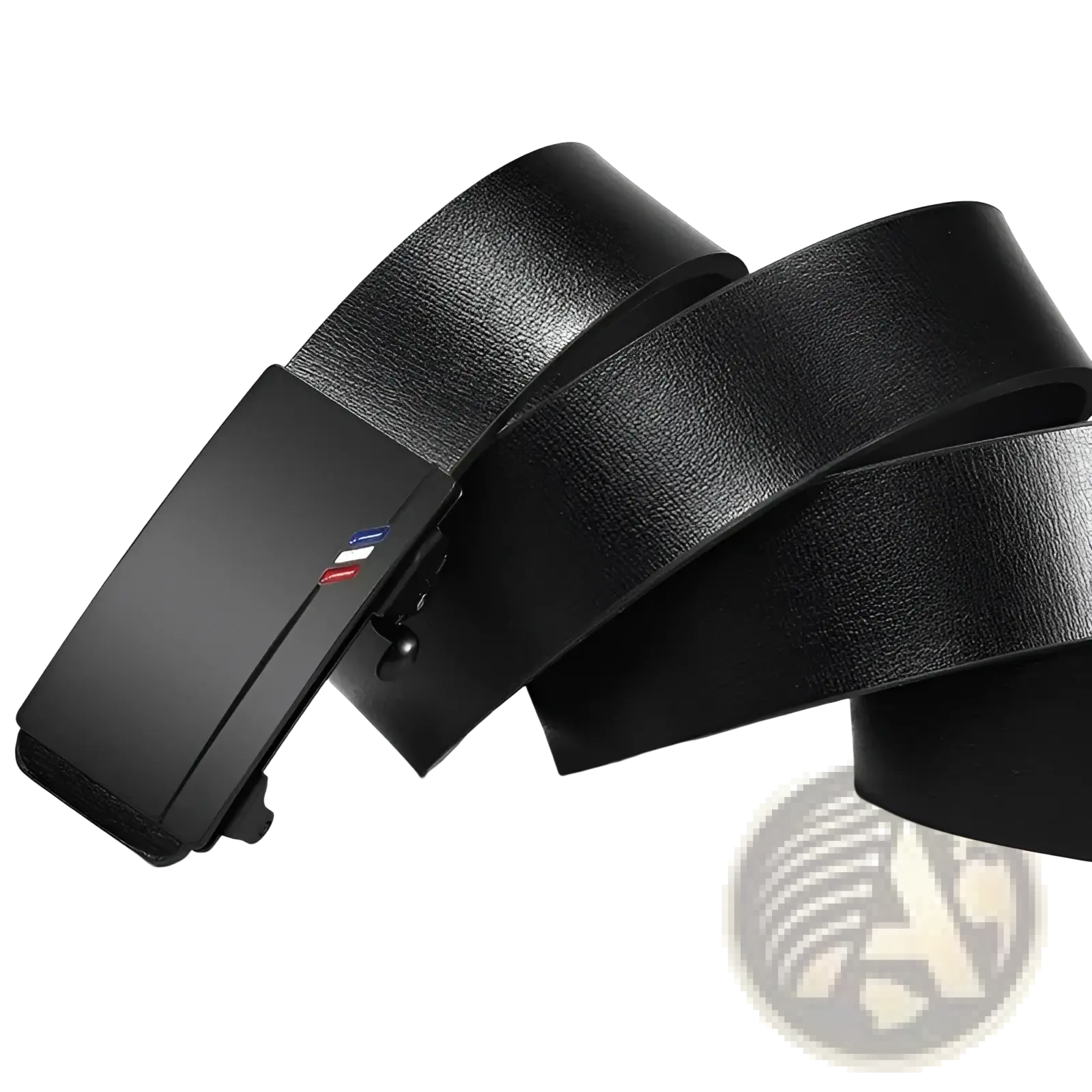 Men leather belt with black leather strap and automatic rectangular buckle accented by red white and blue stripes