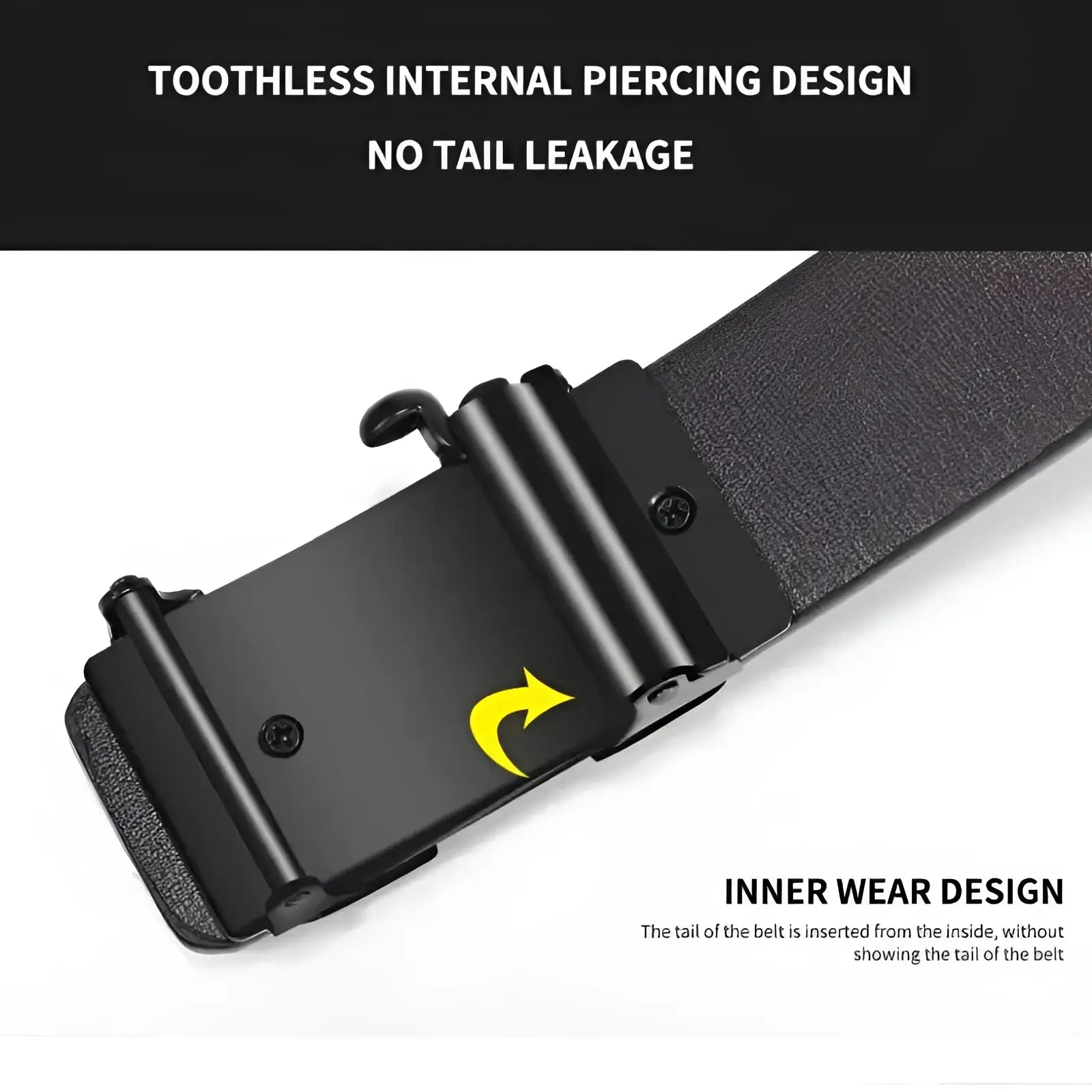 Men leather belt with black leather strap and sleek toothless internal piercing automatic buckle for casual use