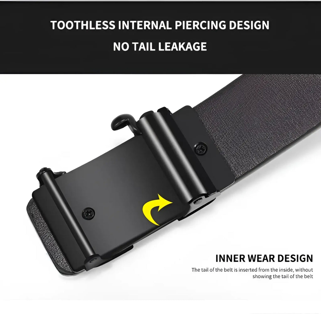 Men leather belt with black toothless automatic buckle and textured dark gray leather casual strap