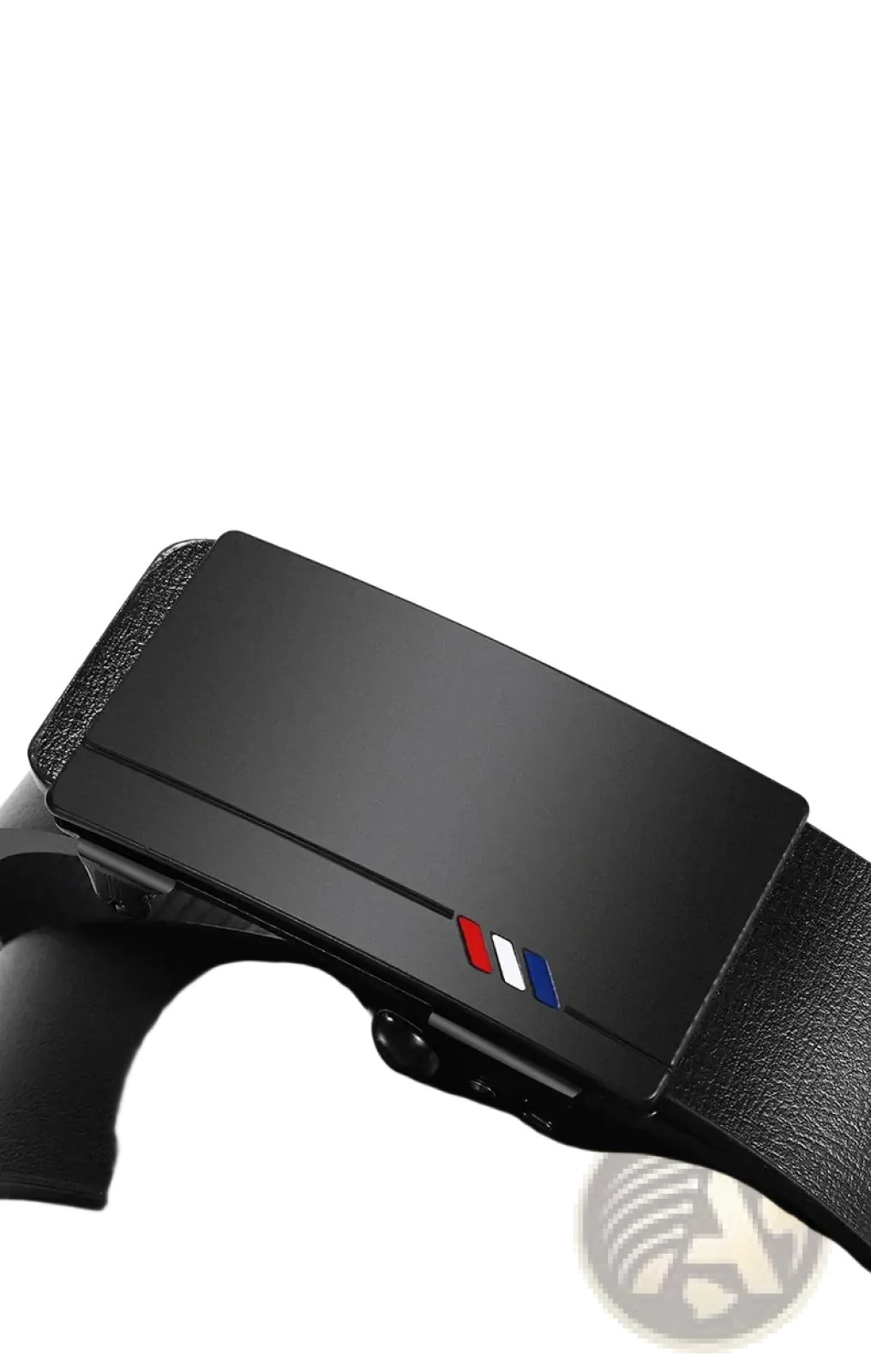 Men leather belt with black zinc alloy automatic buckle featuring a matte finish and red white blue tricolor accent