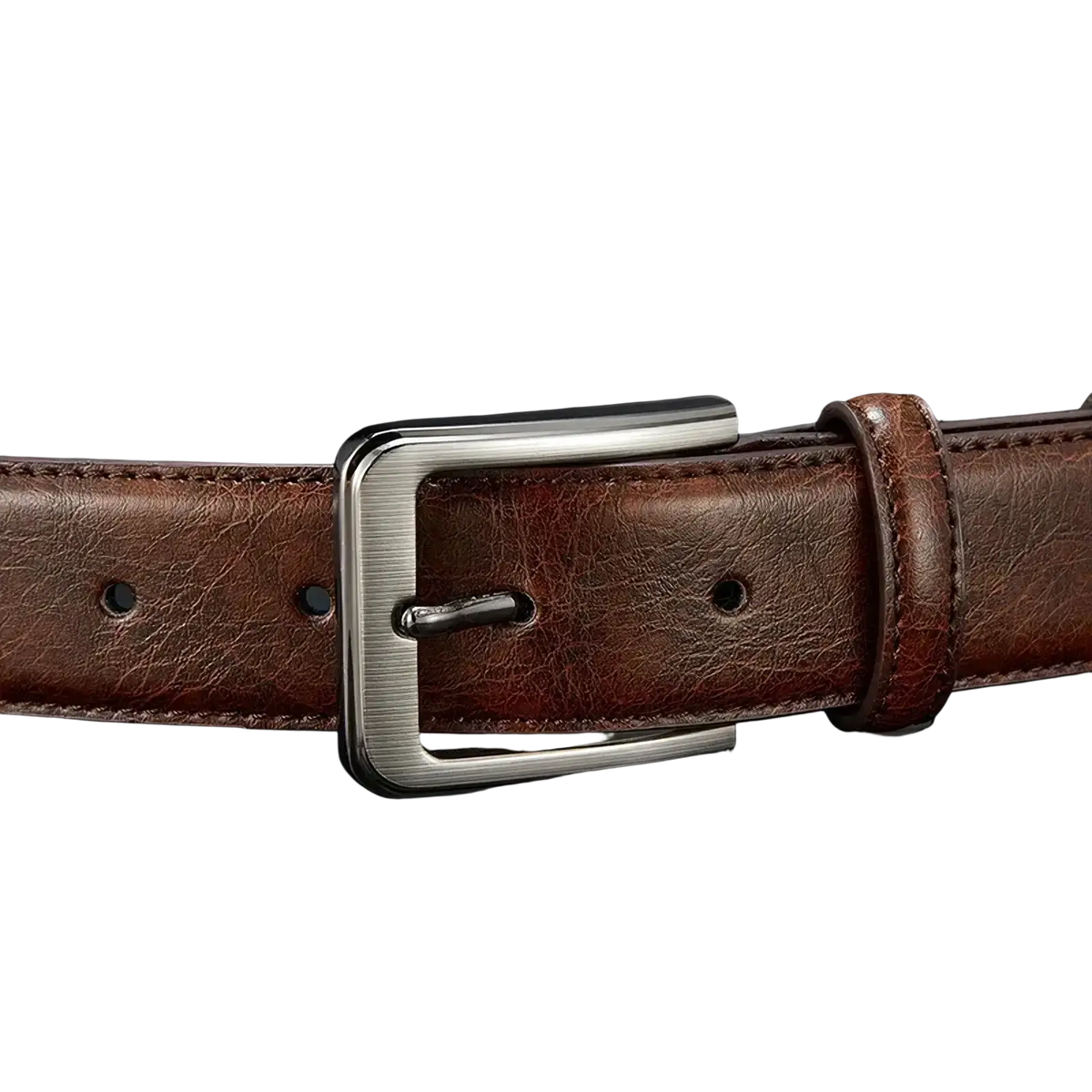 Brown leather casual belt with a sleek silver-toned pin buckle made of genuine leather for men