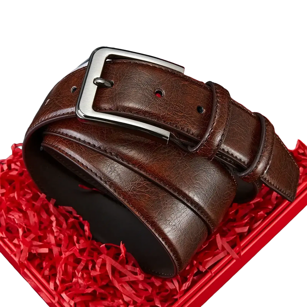 Brown leather belt with silver pin buckle displayed in a red gift box for casual menswear