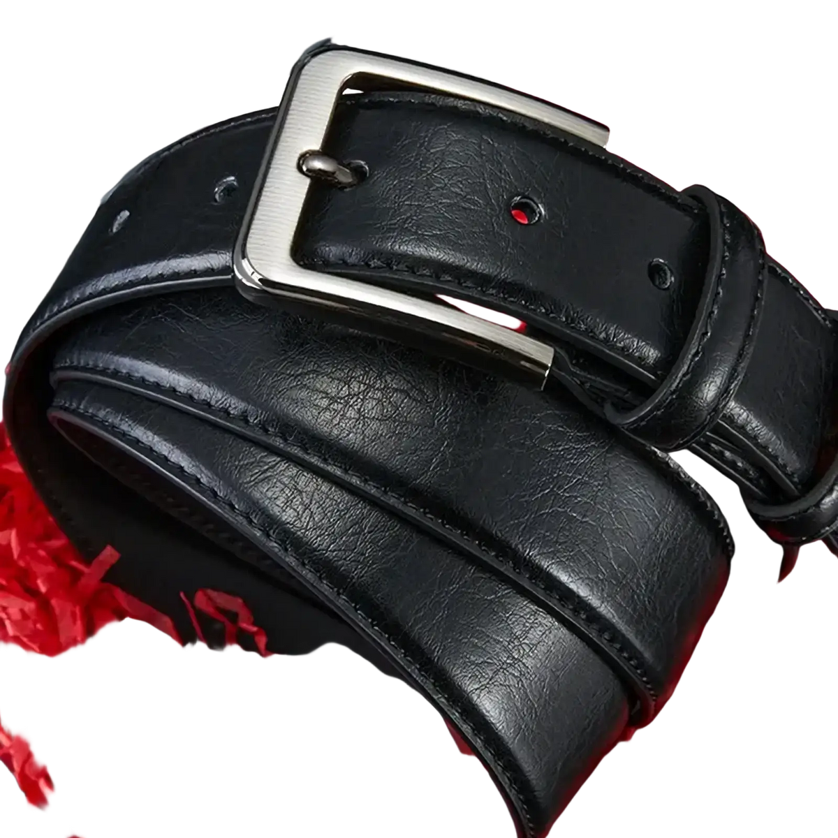 Black leather belt with silver pin buckle featuring a rectangular design for casual brown leather belt style