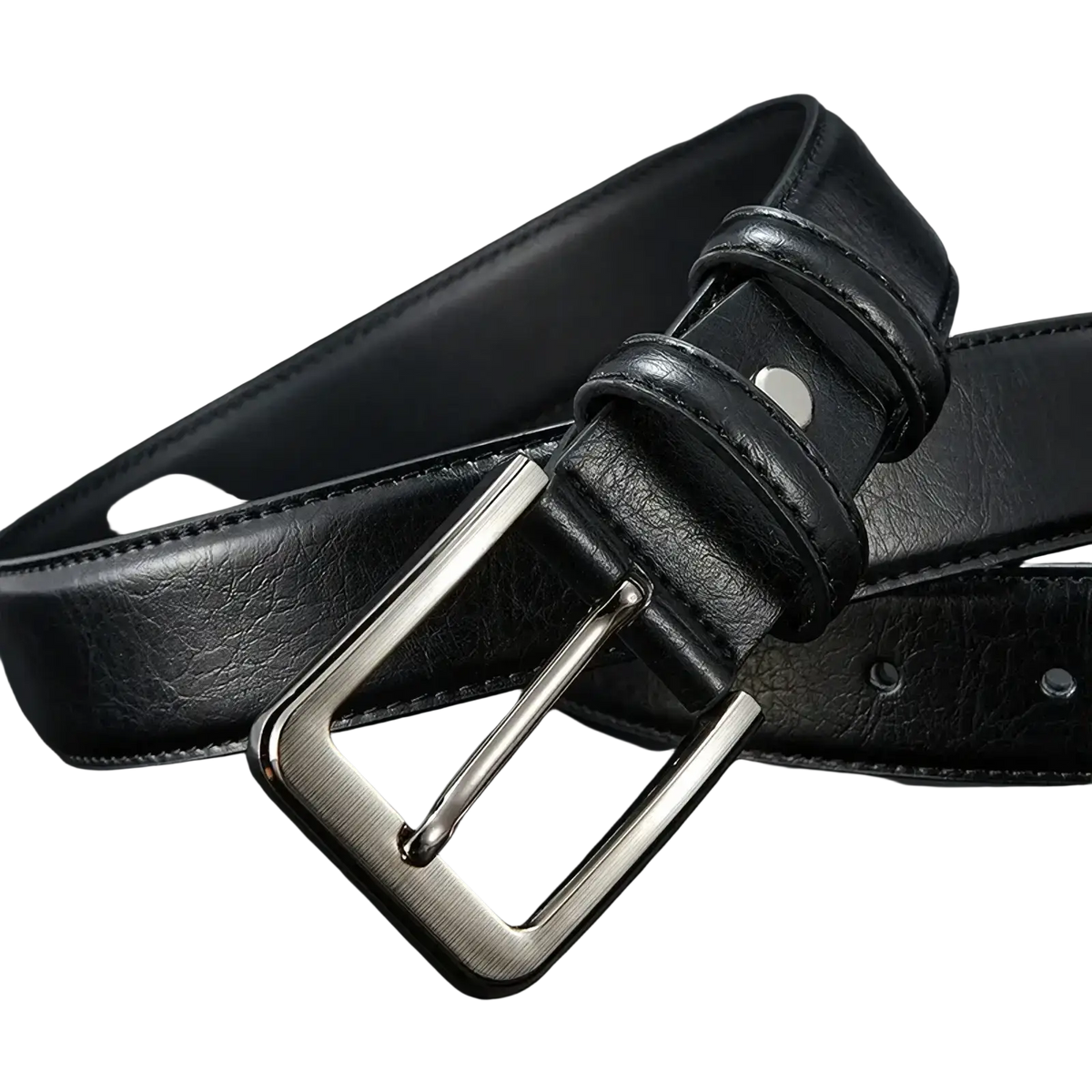 Black leather belt with silver-toned rectangular pin buckle ideal for casual brown leather belt style
