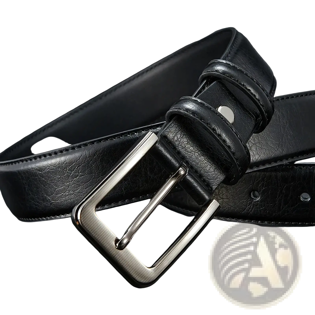 Black leather men belt with silver-toned rectangular pin buckle suitable for casual wear