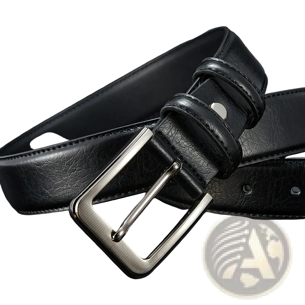 Black leather men belt with silver-toned rectangular pin buckle suitable for casual wear