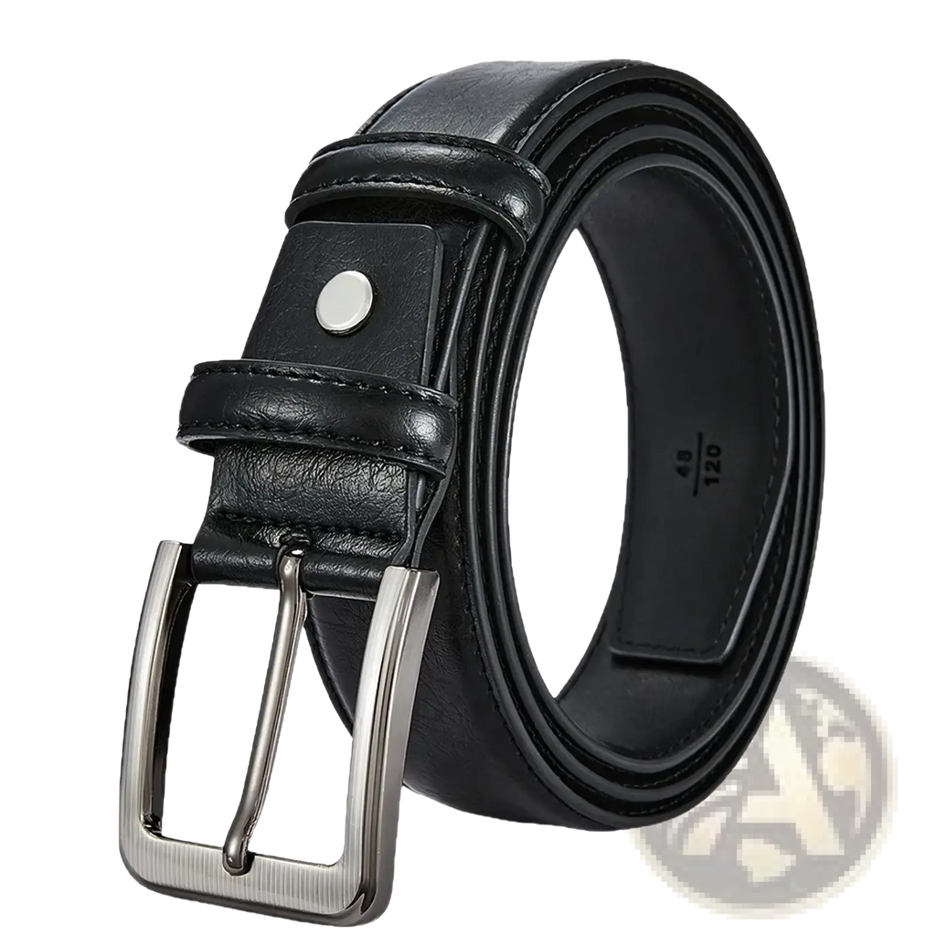 Black leather men casual belt with a silver-toned pin buckle for versatile everyday wear