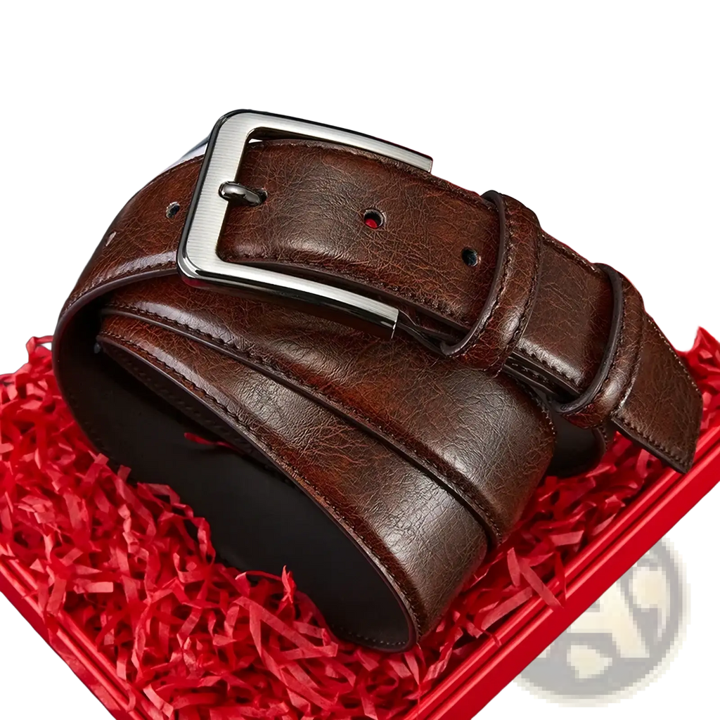 Brown leather belt for men with a casual pin buckle and silver-toned rectangular metal clasp