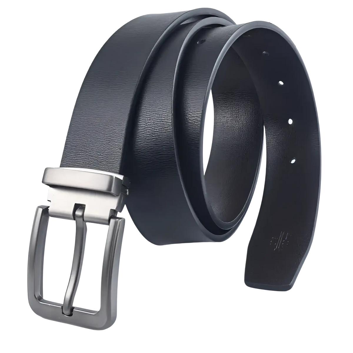 Black leather belt with sleek silver toned pin buckle for men perfect for business casual wear