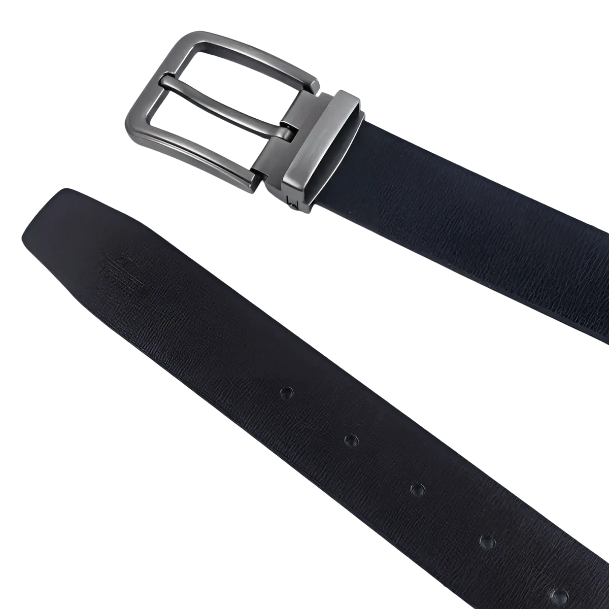 Black leather belt with a sleek silver-toned metal pin buckle ideal for classic business casual wear