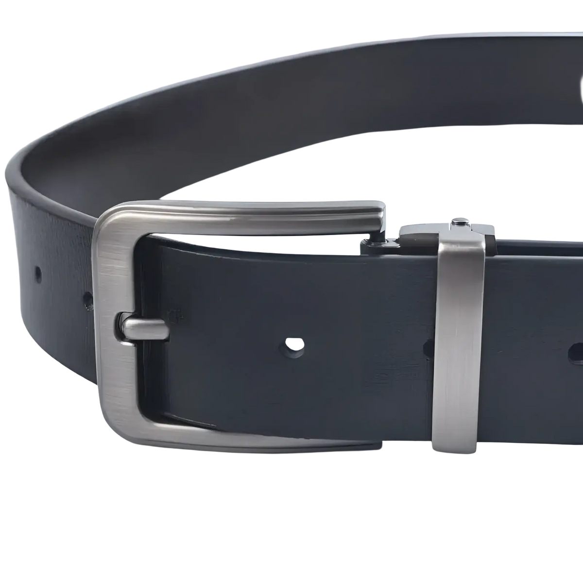 Black leather men leather belt with sleek silver-toned alloy pin buckle for classic business casual use