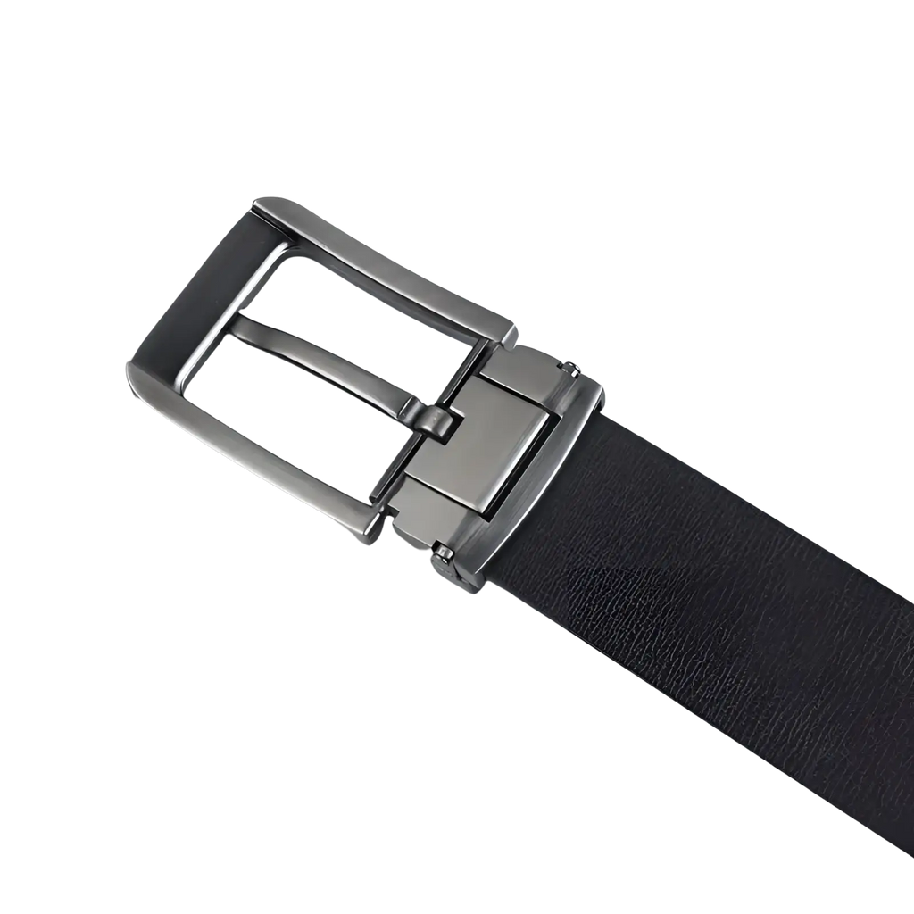 Men leather belt classic pin buckle business casual black leather with sleek silver toned metal buckle and hidden tab closure