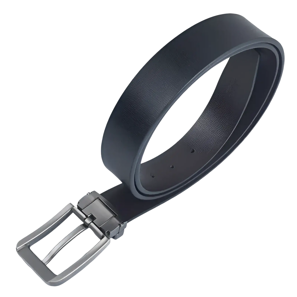 Black leather men leather belt with classic silver-toned pin buckle for business casual wear