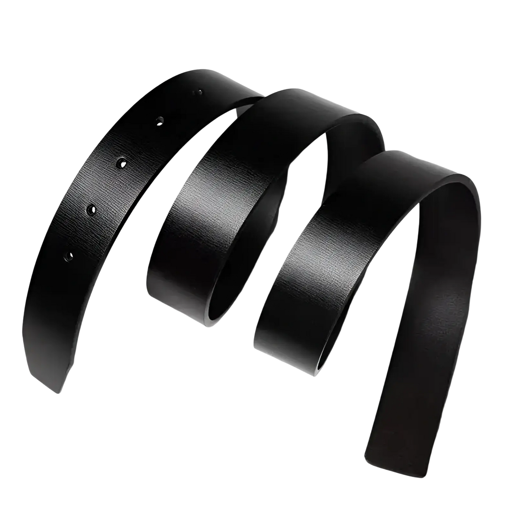 Black leather belt with a smooth matte finish and metal eyelets for men classic pin buckle business casual wear