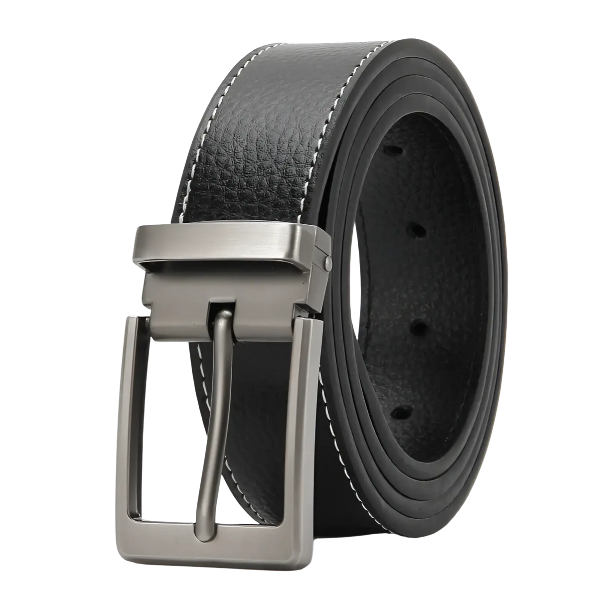 Men leather belt classic pin buckle black leather with silver-toned buckle and white stitching for business casual use