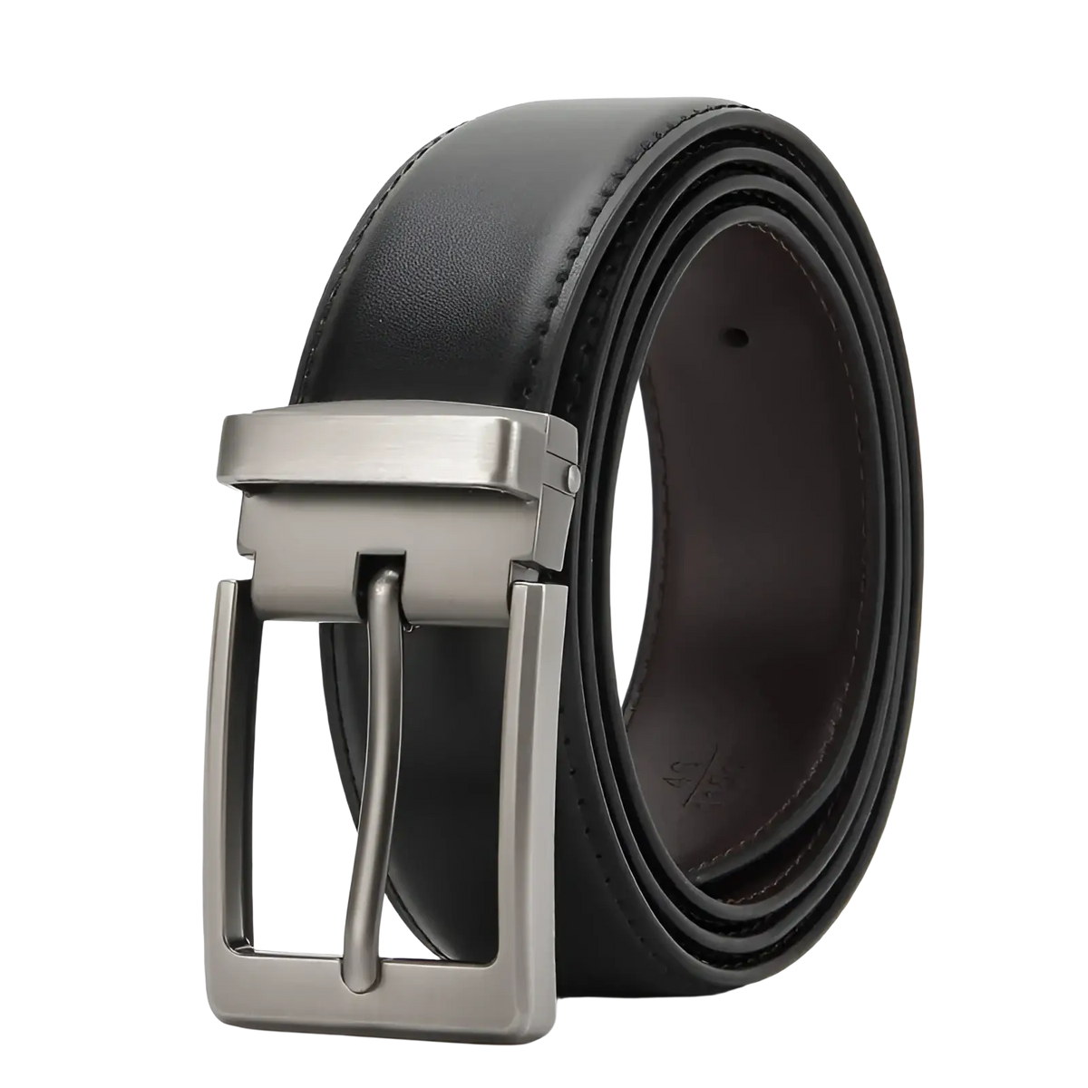 Black leather belt with a sleek silver-toned automatic buckle for business casual and classic men’s wear