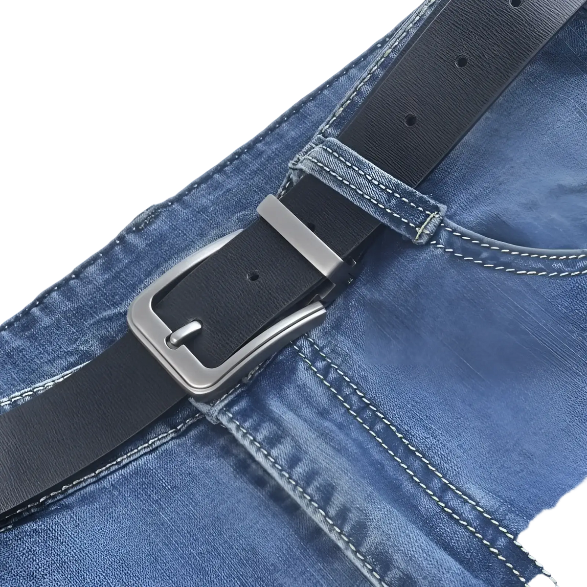 Men leather belt classic pin buckle black leather with silver-toned buckle fastened around blue denim jeans