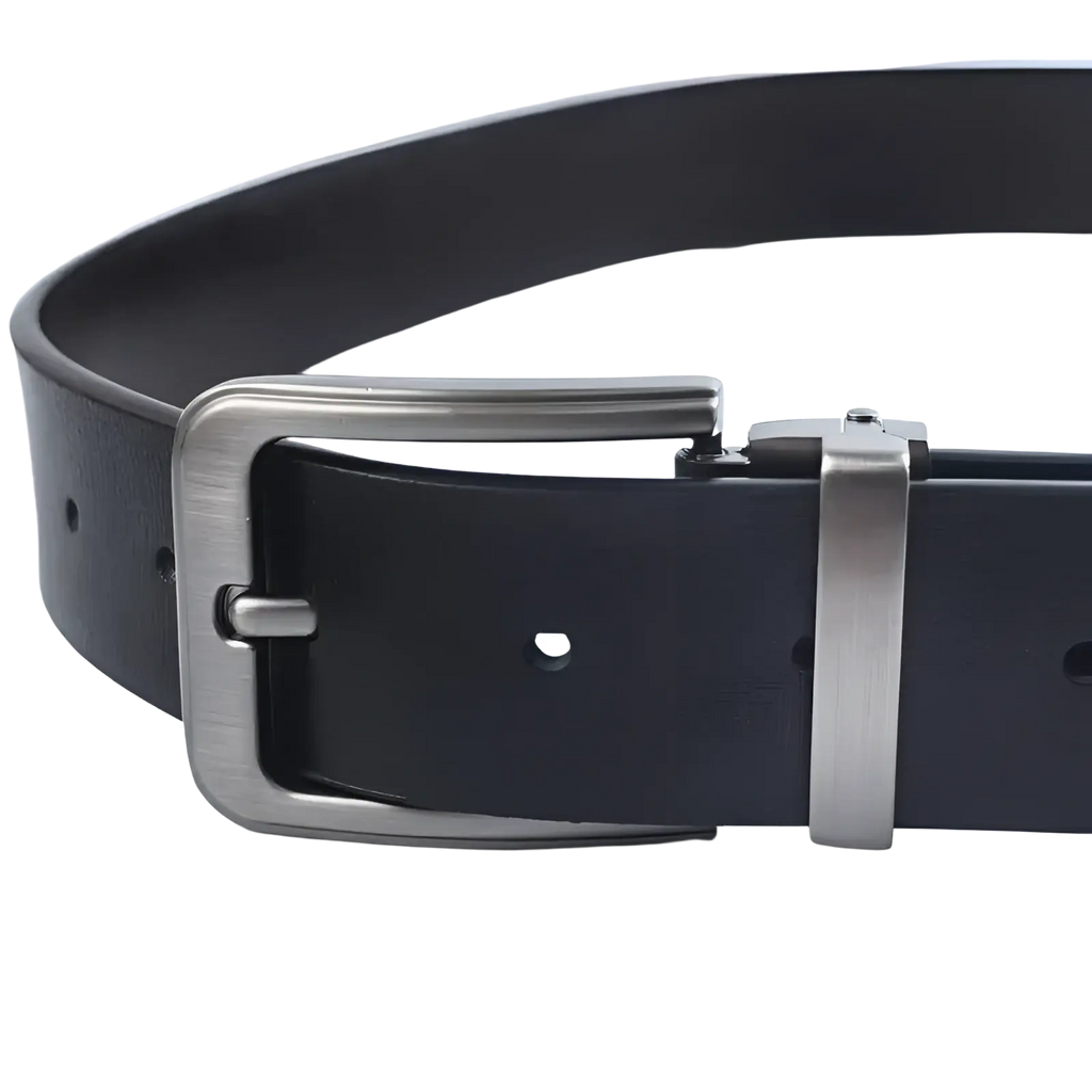 Men leather belt classic pin buckle business casual with black leather strap and silver-toned automatic buckle