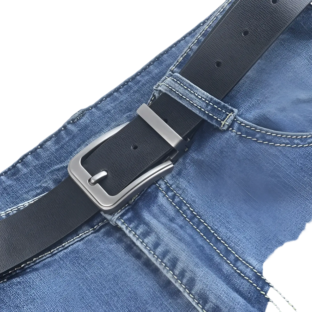 Black leather men leather belt with silver toned pin buckle for classic business casual wear