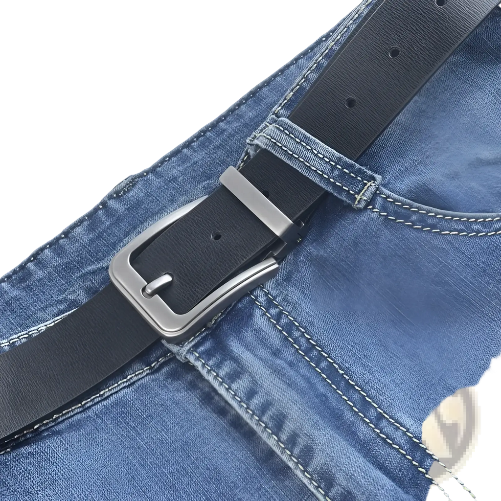 Black leather men leather belt with silver toned pin buckle for classic business casual wear