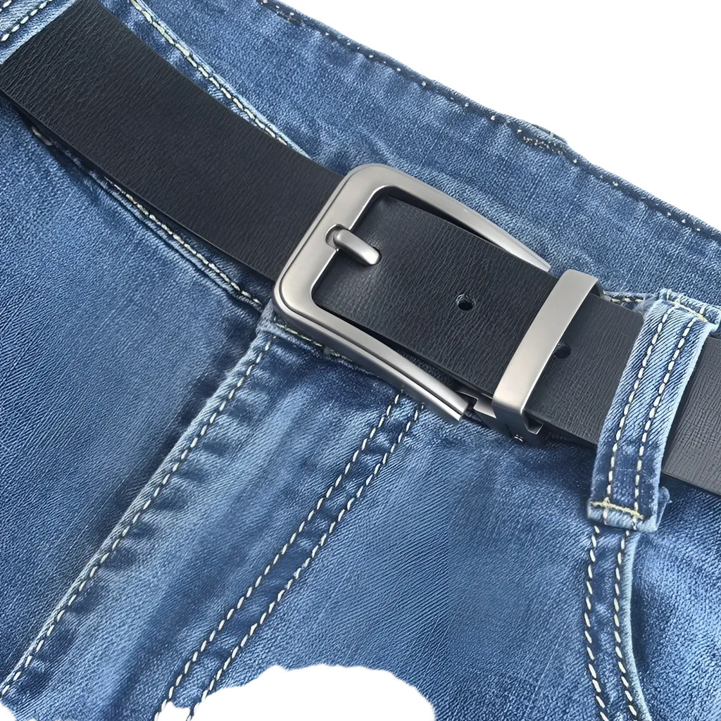 Black leather men leather belt classic pin buckle with silver-toned rectangular buckle for business casual use