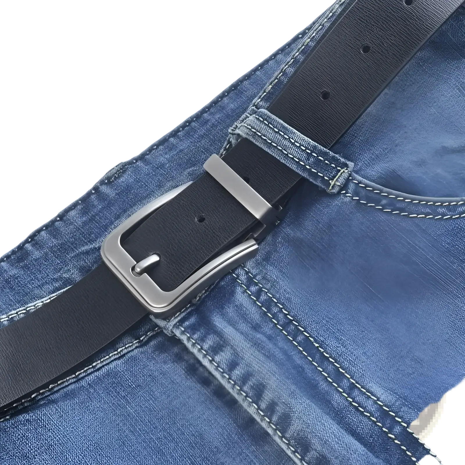 Men leather belt classic pin buckle black leather with silver-toned buckle fastened around blue denim jeans