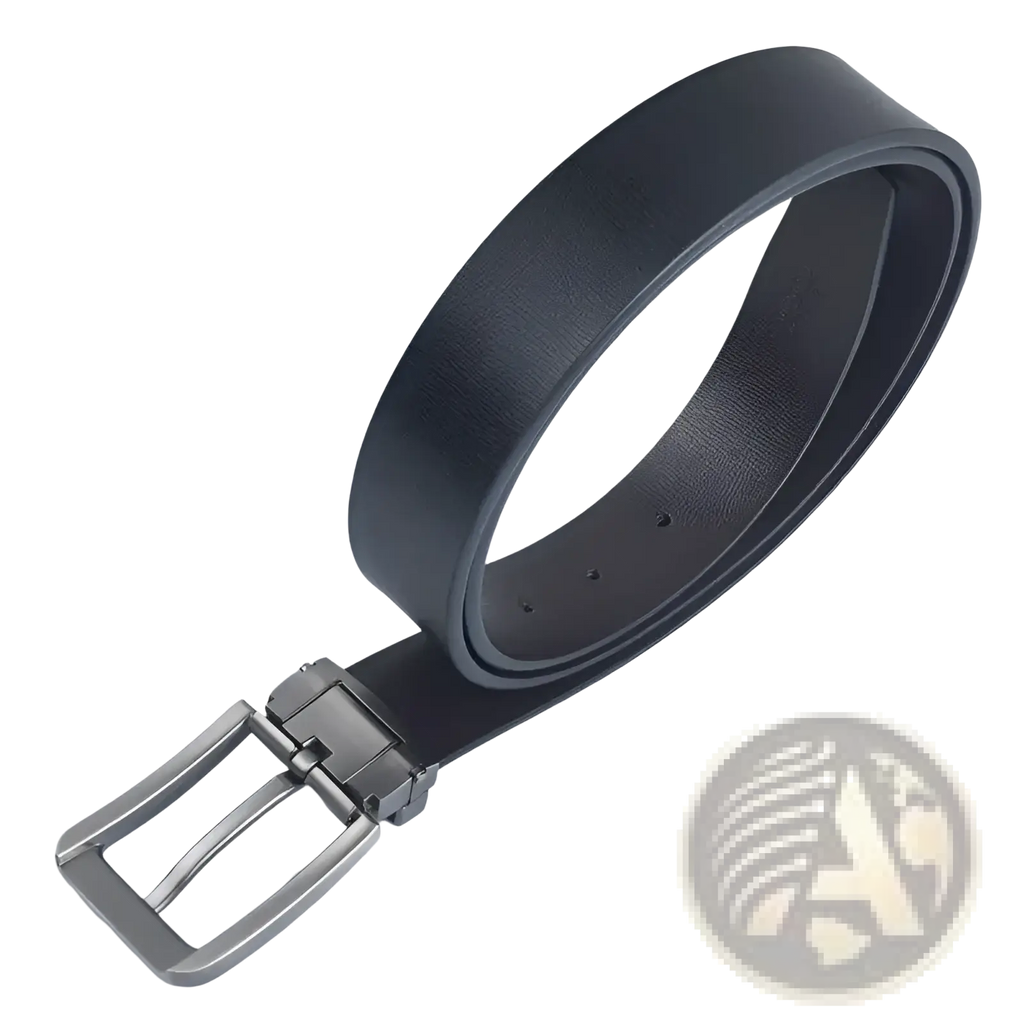 Black leather men leather belt with classic silver-toned pin buckle for business casual wear