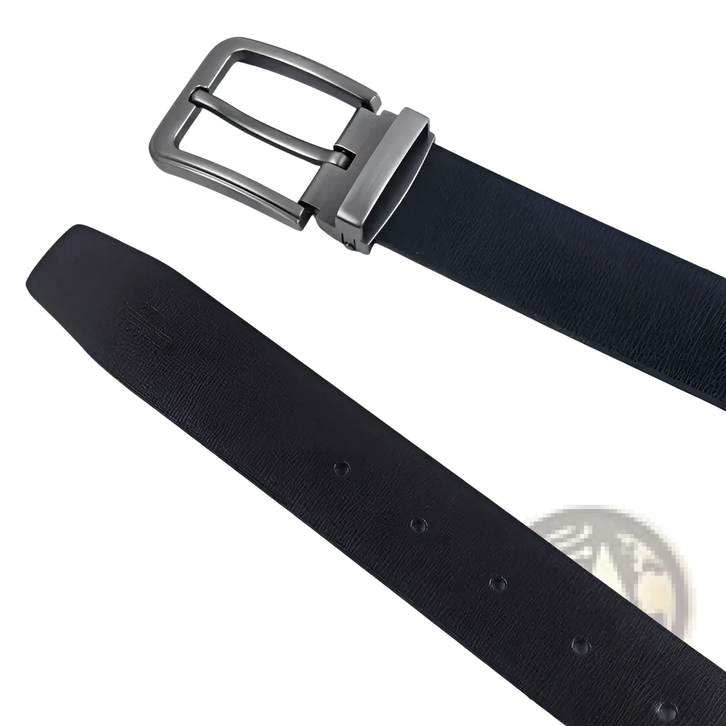 Black leather belt with a sleek silver-toned metal pin buckle ideal for classic business casual wear