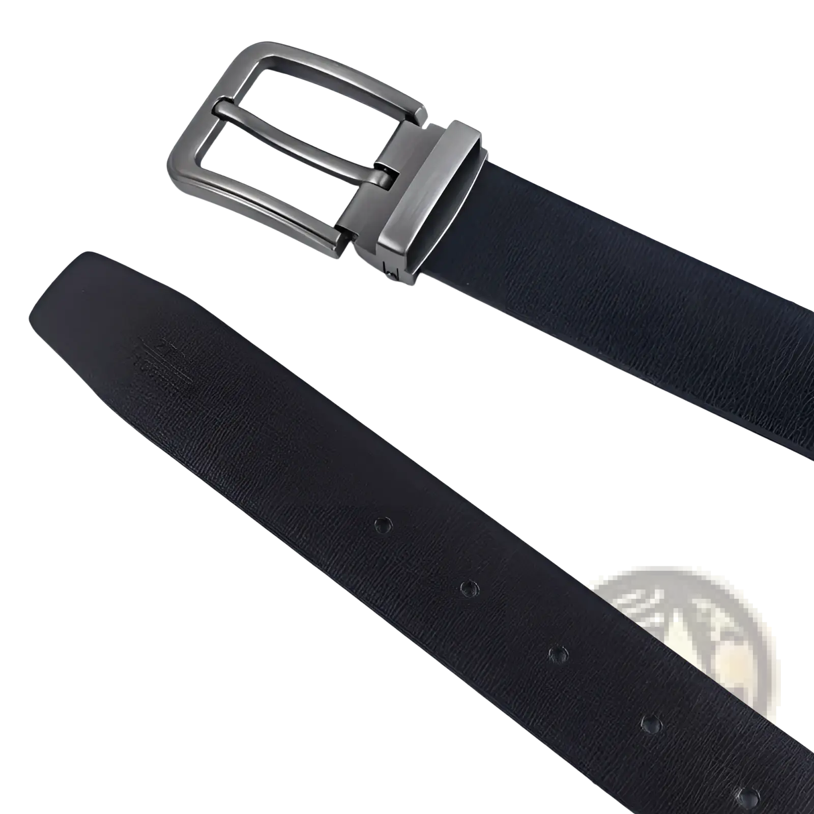 Black leather belt with a sleek silver-toned metal pin buckle ideal for classic business casual wear