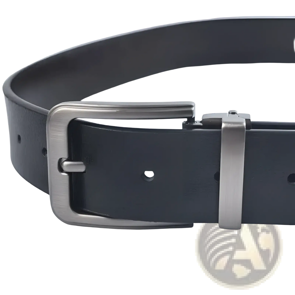 Black leather men leather belt with sleek silver-toned alloy pin buckle for classic business casual use