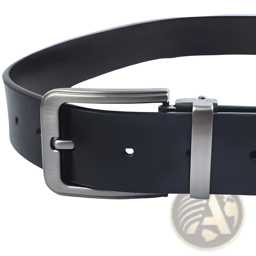 Men leather belt classic pin buckle business casual with black leather strap and silver-toned automatic buckle