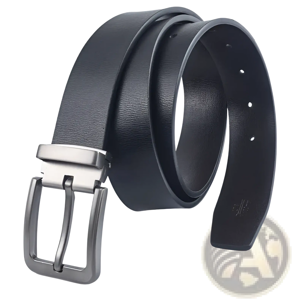Black leather belt with sleek silver toned pin buckle for men perfect for business casual wear