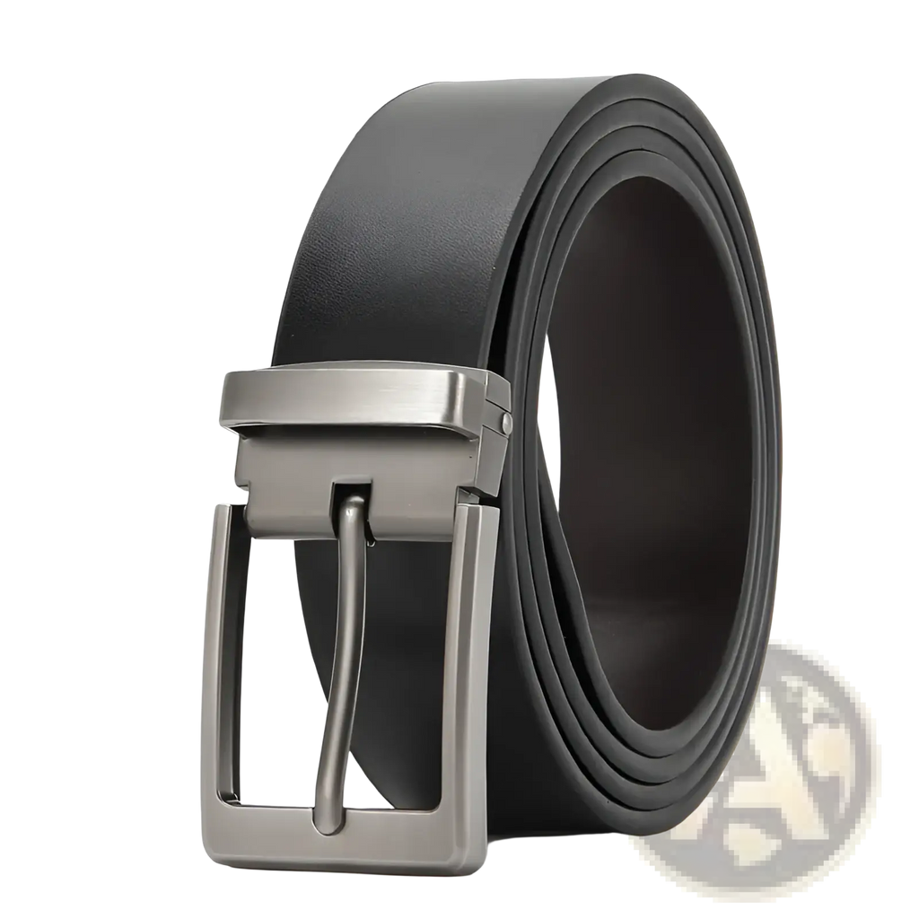 Men leather belt classic pin buckle business casual black leather with sleek silver toned metal buckle