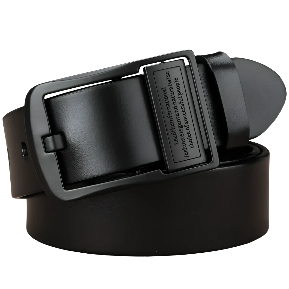Black leather belt with a matte black metal buckle featuring engraved text for casual jeans