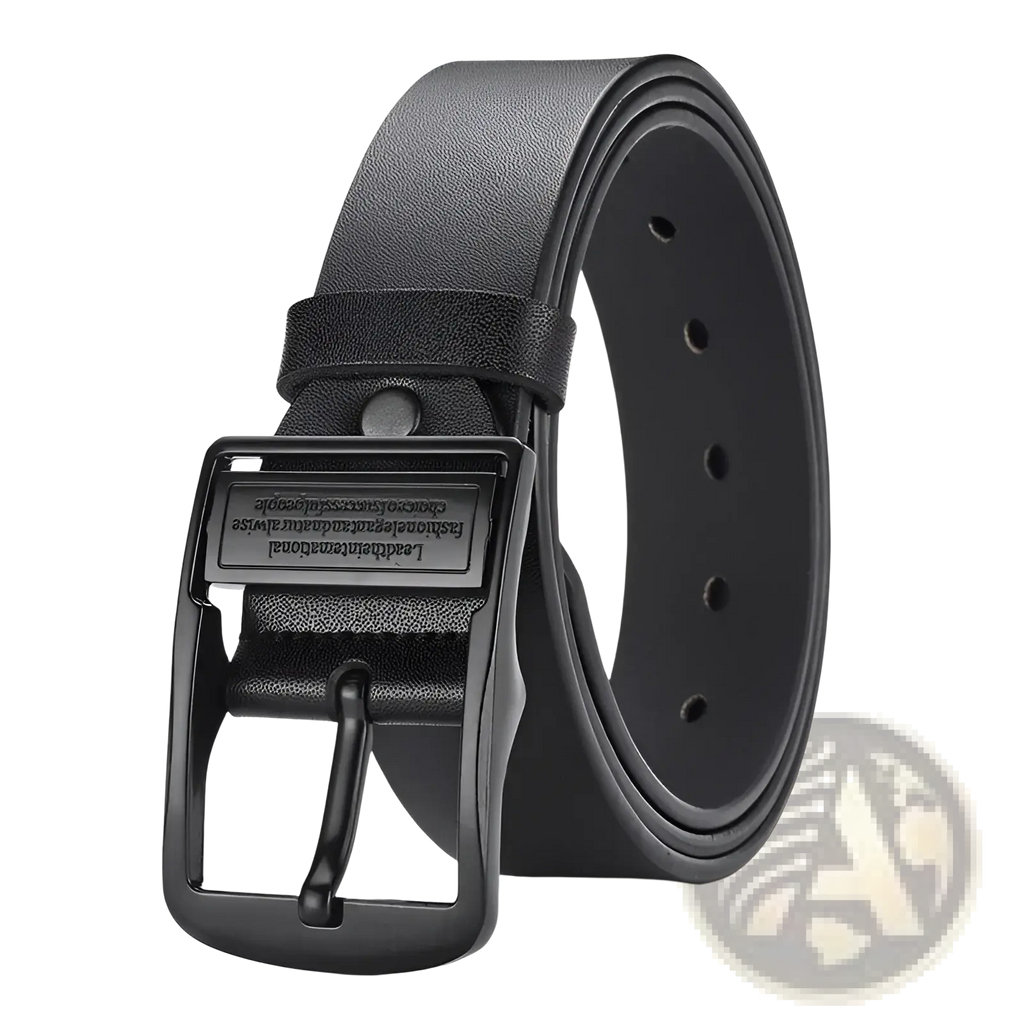 Black leather men leather belt with a matte black metal buckle and engraved text for casual jeans use