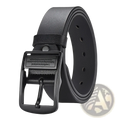 Black leather men leather belt with a matte black metal buckle and engraved text for casual jeans use